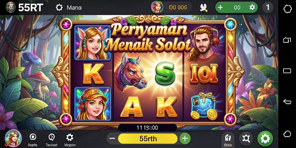 Tampilan gameplay mendebarkan dari 55RT dengan mesin slot yang penuh warna.