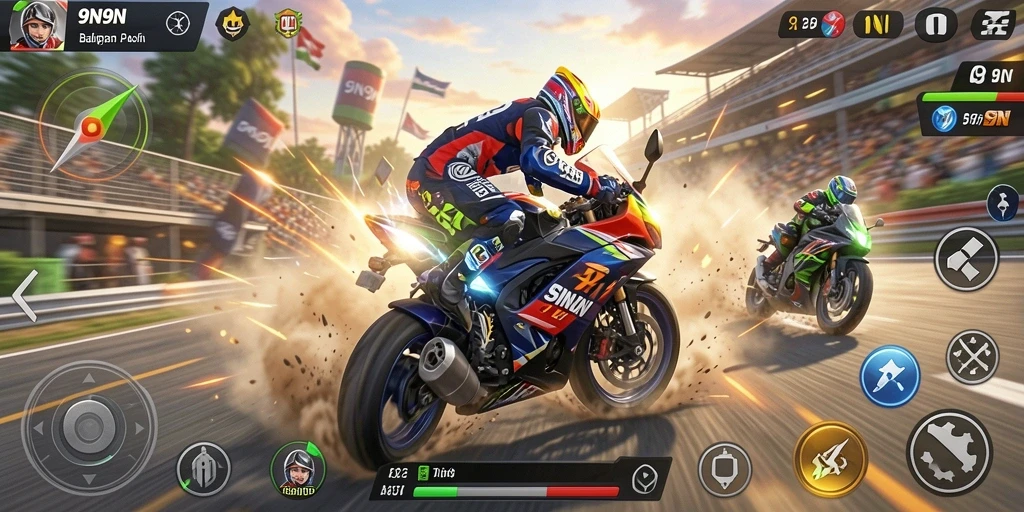Tampilan gameplay 9N9N dengan aksi balapan motor yang mendebarkan.