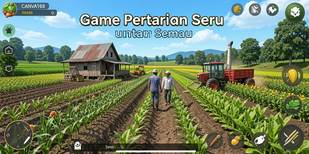 Tangkapan layar gameplay <strong>CANVA168</strong> menunjukkan petani sedang merawat tanaman.