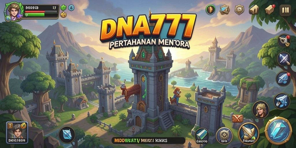 Screenshot gameplay DNA777 menampilkan menara pertahanan dan serangan musuh yang intens.
