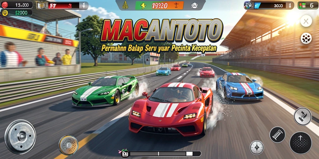 Gameplay mendebarkan dari MACANTOTO dengan mobil balap yang cepat.