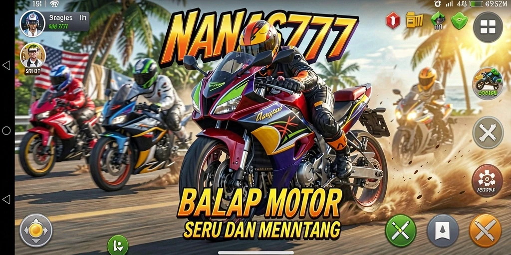 Screenshot gameplay utama NANAS777 menunjukkan motor balap dalam aksi.