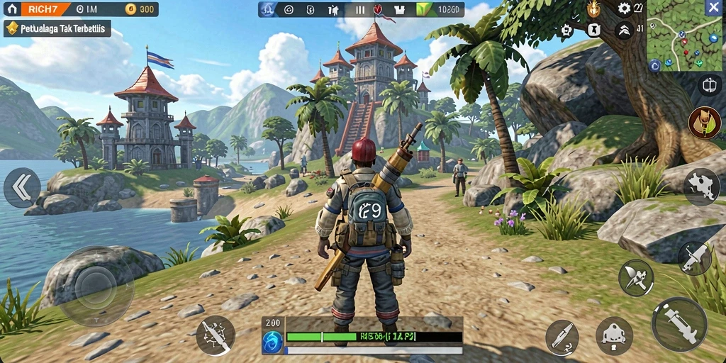 Tangkapan layar dari gameplay RICH7 yang menampilkan dunia terbuka yang luas.