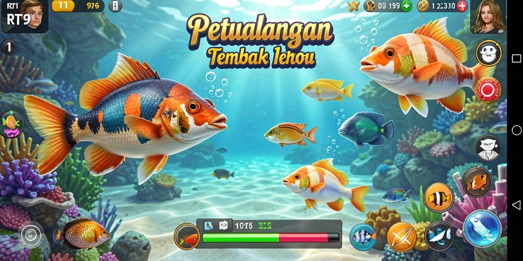 Tangkapan layar gameplay RT99 menampilkan aksi seru menangkap ikan.